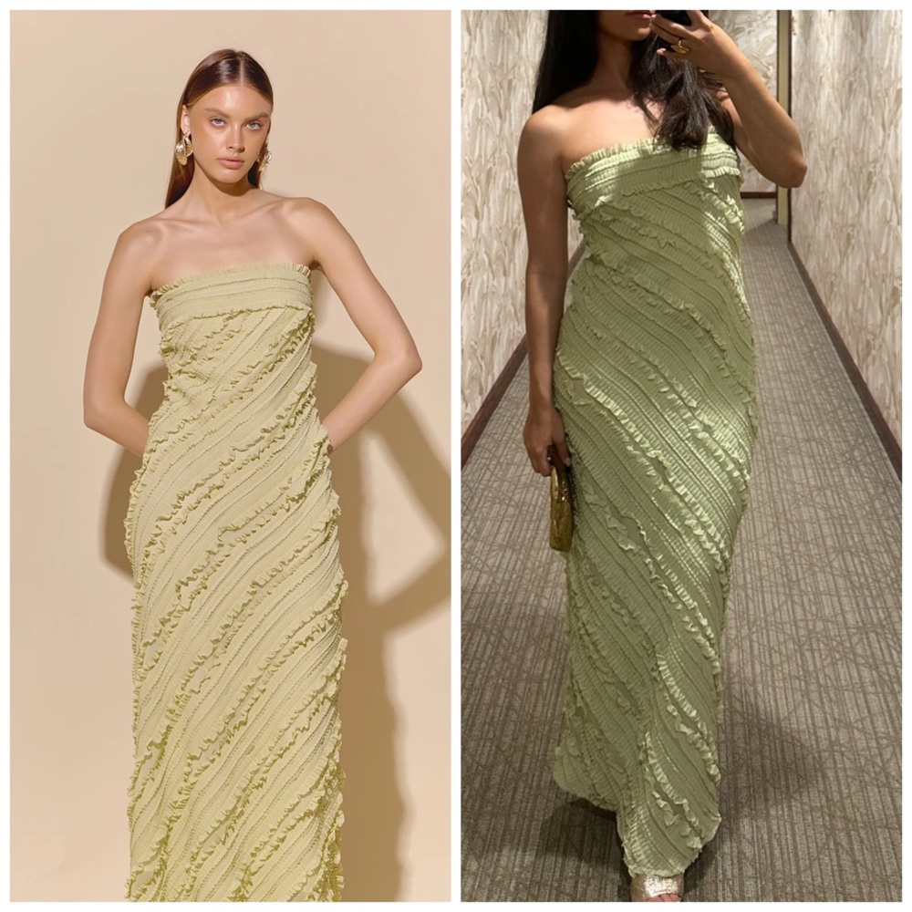 Endless Rose Strapless Ruffled Midi Dress in Pale Green